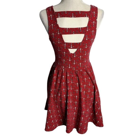 Hot Topic Nautical Skater Dress M Red Anchor Sleeveless Back Cutout Stretch Knit - Picture 5 of 7